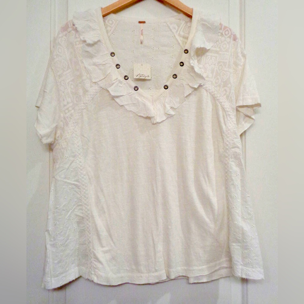 Free People White Ruffled Short Sleeve Top